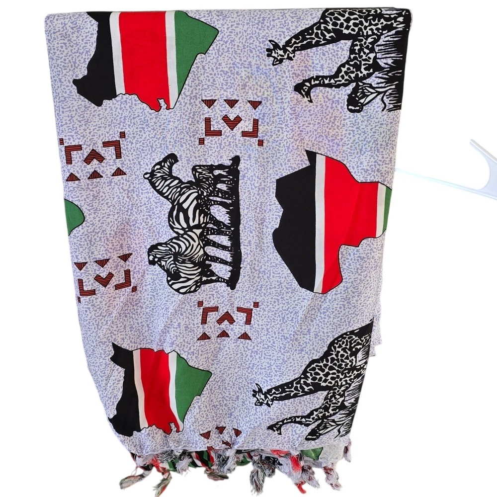 Kenya Souvenir Scarf Shawl Wrap Giraffe Zebra Map Print Tassel Trim